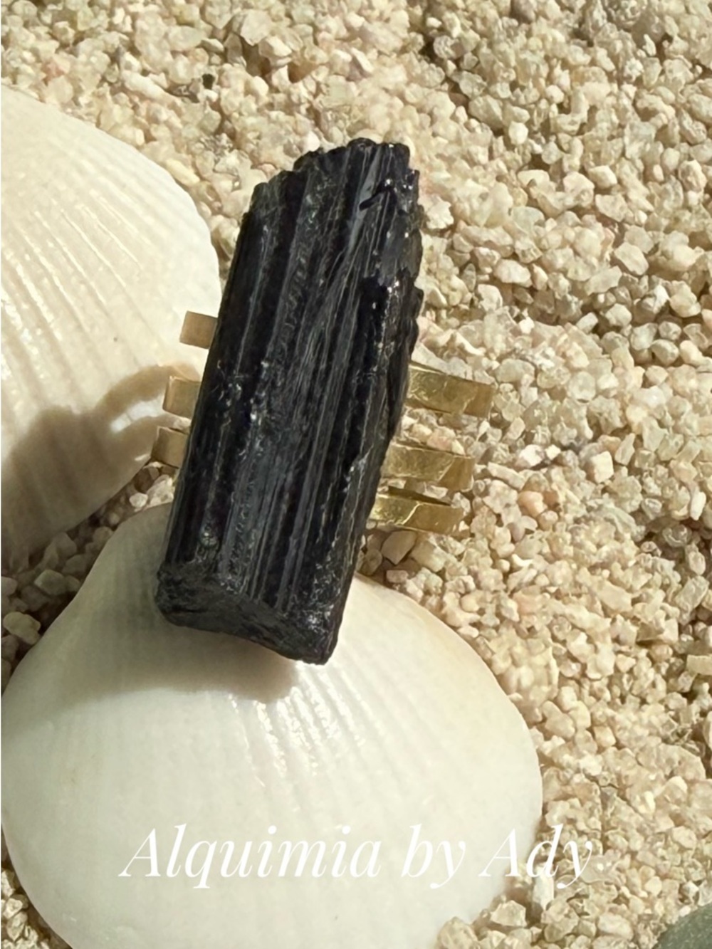 Black Tourmaline Raw Column Ring with Gold Band